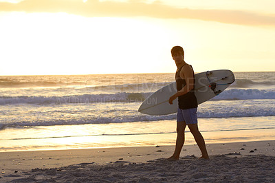 Buy stock photo Sunset, surfing man and walking at the beach with surfboard. Athlete, summer vacation or holiday  and professional male surfer training or exercising water sports at the ocean or sea on mockup space