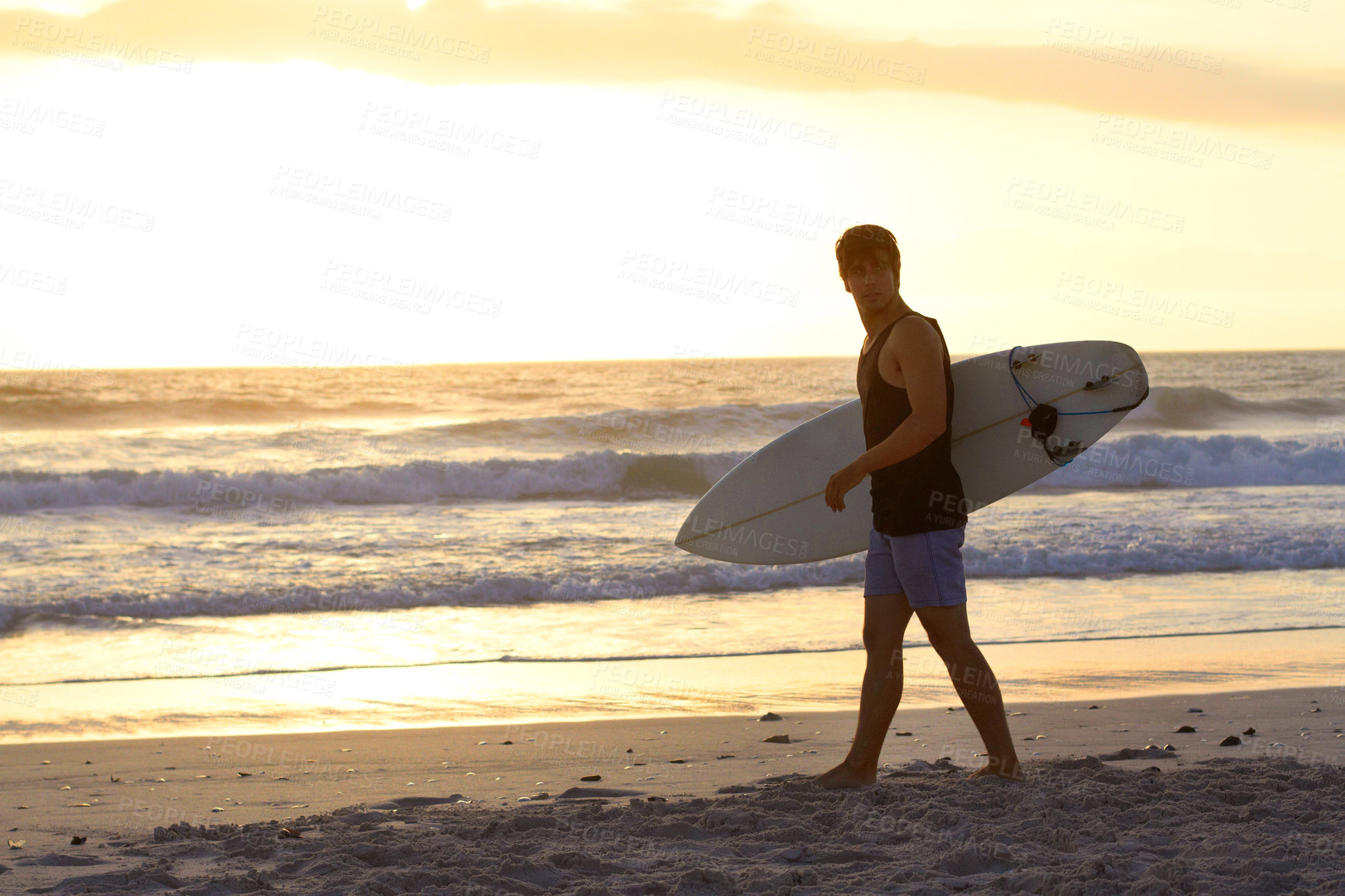 Buy stock photo Sunset, surfing man and walking at the beach with surfboard. Athlete, summer vacation or holiday  and professional male surfer training or exercising water sports at the ocean or sea on mockup space