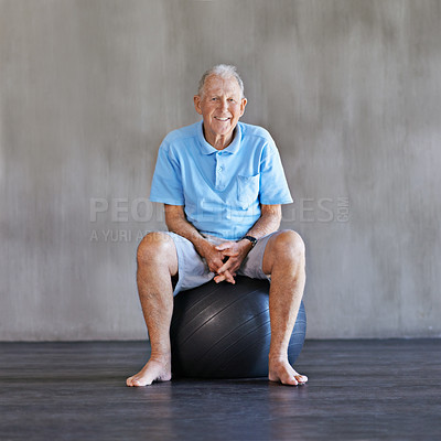 Buy stock photo Elderly man, exercise ball and portrait in studio on mockup space with physical therapy, workout and practice. Senior person, training sphere and fitness for health with wellness  for wellbeing