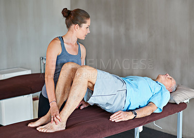 Buy stock photo Physical therapist, consultation and elderly man with physiotherapy exercise at rehabilitation center. Medical, help and healthcare worker with senior patient with leg muscle injury at clinic.