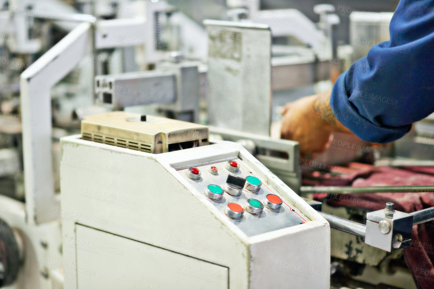 Buy stock photo Machine, worker and hand with buttons in factory for printing process, manufacturing and production. Closeup, cnc operator and employee in workshop with electronic controller for commercial industry