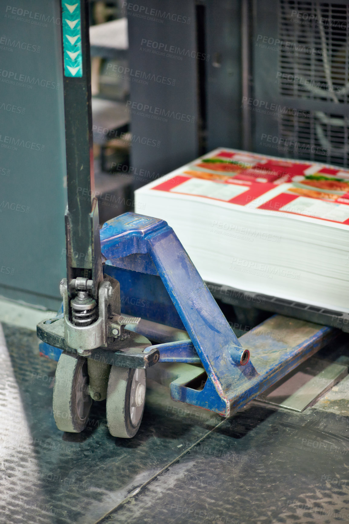 Buy stock photo Forklift, trolley and factory with printed paper in distribution, supply chain or manufacturing warehouse. Closeup of equipment, machine or transport of delivery, cargo or export and import business