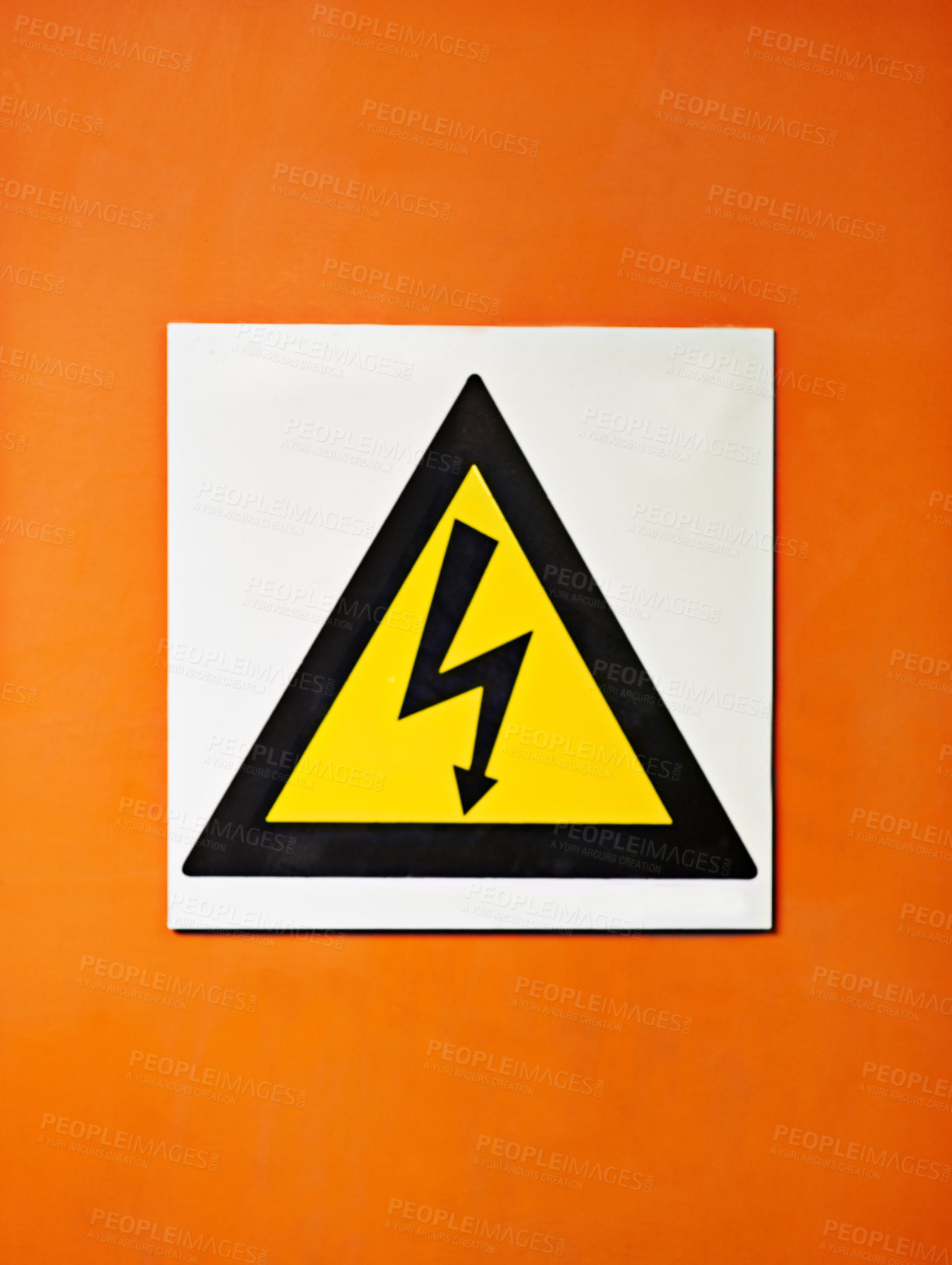 Buy stock photo Warning, sign and voltage with triangle or symbol for alert, precaution or safety at warehouse or factory. Hazard poster or shape in beware of high wattage, electricity or power surge on mockup space