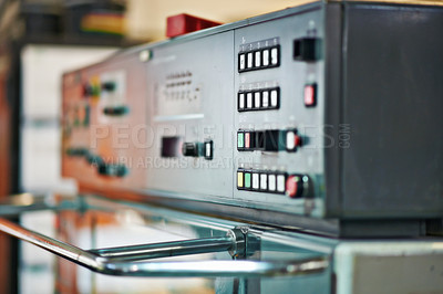 Buy stock photo Factory, production and technology of machine closeup on system at manufacturing warehouse. Industrial, process and press button or click on dashboard panel to start development in productivity