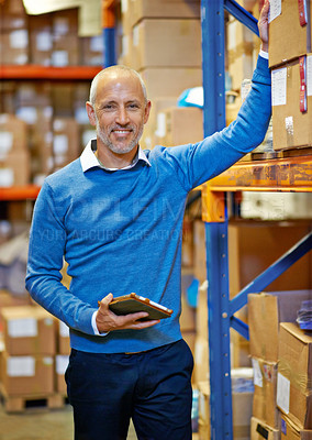 Buy stock photo Box, tablet or man in warehouse for stock or logistics info for a delivery order by shelf in workshop. Smile, factory or happy mature manager with product, package or cargo shipping for distribution