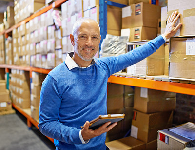 Buy stock photo Portrait of a man standing next to industrial shelving with boxes