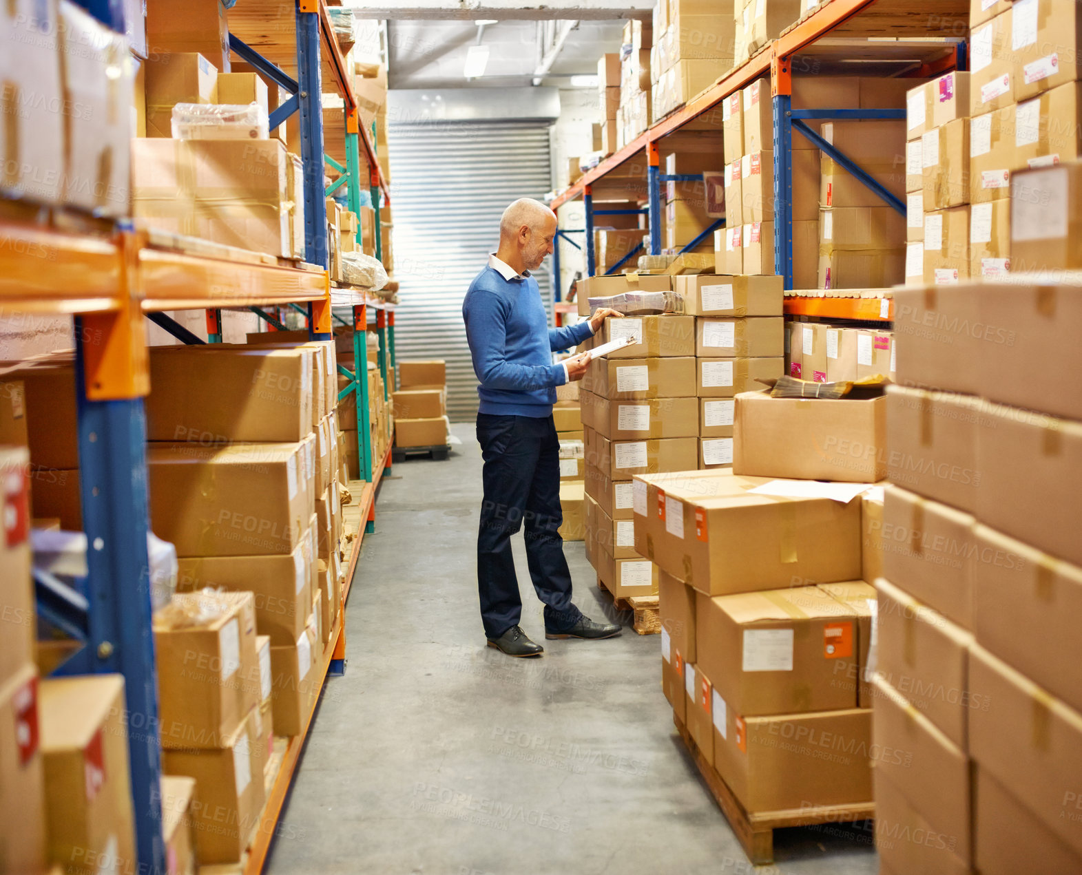 Buy stock photo Businessman, clipboard and boxes in warehouse with inventory for quality control and freight distribution. Senior manager, wholesale supplier and stock checklist in logistics industry for inspection