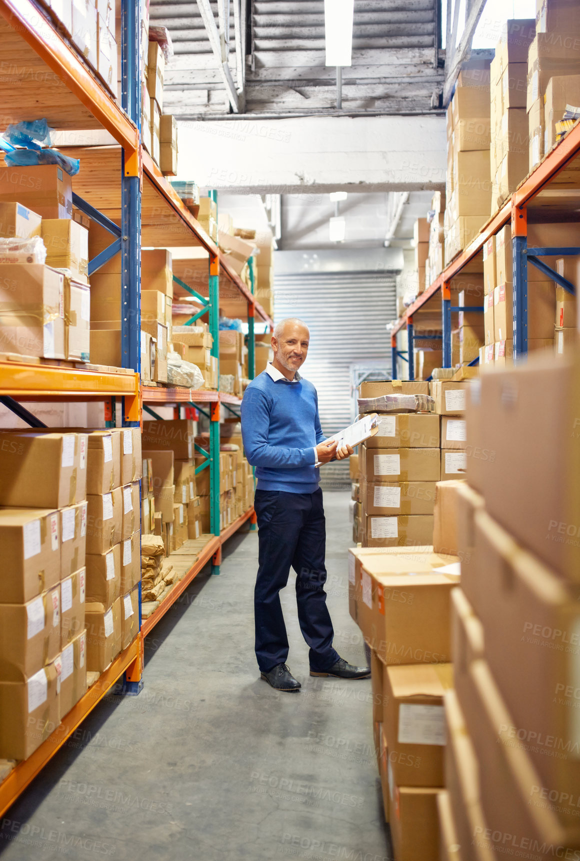 Buy stock photo Senior, man and portrait in warehouse with clipboard for inventory, quality control and freight distribution. Manager, wholesale supplier and stock checklist in logistics industry for box inspection