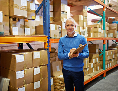 Buy stock photo Manager, clipboard and portrait in warehouse with inventory for quality control or freight distribution. Senior businessman, wholesale supplier or stock checklist in logistics industry for inspection