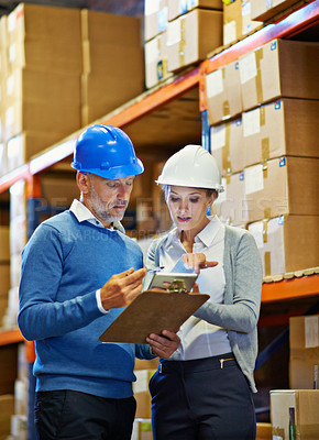 Buy stock photo Teamwork, logistics and warehouse, tablet and clipboard with checklist for inventory management. People at storage facility, digital and distribution paperwork for quality control and assessment