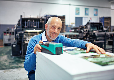 Buy stock photo Printing, factory and portrait of man with paper for quality control, design or product inspection. Warehouse, printer workshop and person for logistics, manufacturing and industrial production