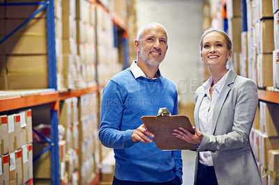 Buy stock photo Happy, clipboard or business people at warehouse for logistic, delivery or cargo, shipping or planning. Factory, supply chain or manager team with paper checklist or retail, stock or procurement note