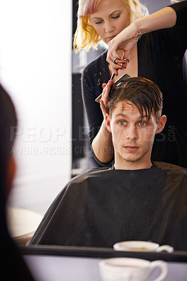 Buy stock photo Hair studio, hairstylist and mirror reflection of man for hairstyle, grooming and cleaning in beauty spa salon. Hairdresser, service woman and studio people, customer or person for texture haircut