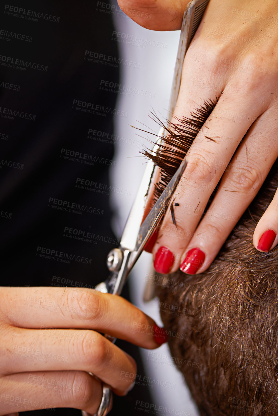 Buy stock photo Cutting, salon and closeup with customer, hair style and grooming with texture and service. People, professional or client with scissor or startup with shampoo or volume with trim, luxury or wellness