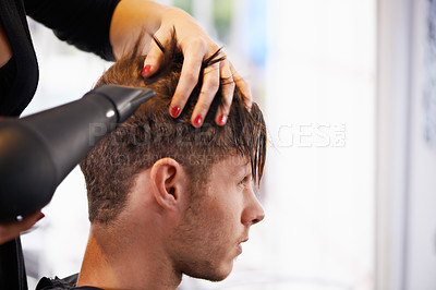 Buy stock photo Hairdryer, styling and man with hairdresser for professional haircare, cut or dry with luxury treatment. Grooming, hair and client at salon for care, wellness and small business with customer service