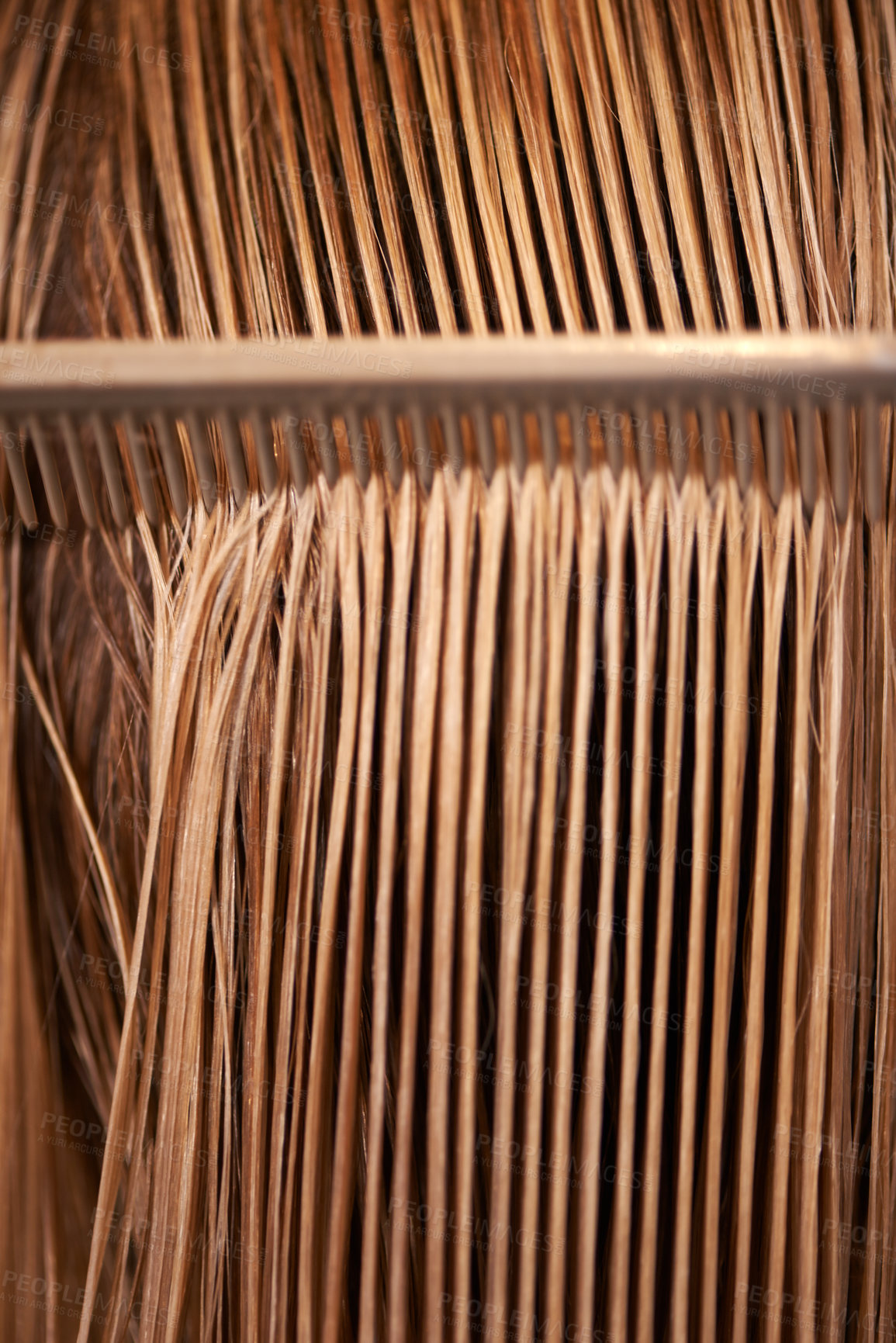 Buy stock photo A view of a comb running through long blonde hair