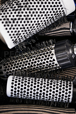 Buy stock photo Comb, hair care and equipment with brush, tools and styling for professional salon and treatment. Small business, cosmetics products and collection with industry and services with curlers and 