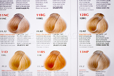 Buy stock photo Hair color, catalog and closeup of swatches at hairdresser for tone, shade and chart for options with information. Display, palette and labels with description for choice, sample or decision at salon