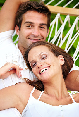 Buy stock photo Portrait, happy couple and relax on hammock in nature, love and vacation in summer on tropical island. Young man, woman and face in marriage at beach resort, peace and holiday for leisure outdoor