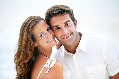Buy stock photo Happy couple, portrait and young love in nature and travel on honeymoon adventure in outdoor. Man, woman and smile face for bonding in marriage, touching and together on summer holiday in cape town