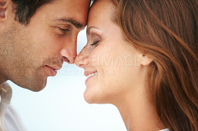 Buy stock photo Happy couple, nose touch and love outdoor for commitment and travel on honeymoon by sky background. Man, woman and face together for bonding in marriage, peace and relax on vacation in cape town