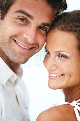 Buy stock photo  Happy couple, portrait and love in outdoor for romantic and travel on honeymoon by sky background. Man, woman and smile face for bonding together with care, peace and trip for commitment in marriage