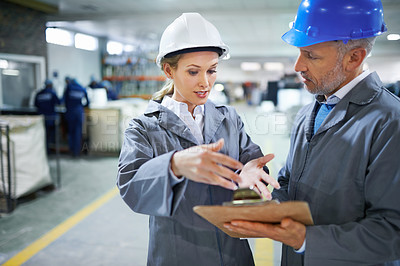 Buy stock photo People, clipboard or warehouse in logistics, safety or hat in meeting, building or product delivery. Manager, female employee or helmet in supply chain, quality assurance or factory stock checklist
