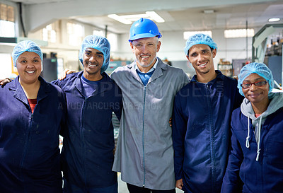 Buy stock photo Workers, smile and portrait in factory for production process, industry and manufacturing for distribution and work. Group or team for assembly line, printing and packaging for supplier and job
