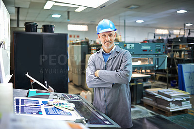 Buy stock photo Portrait, confident and manager in warehouse with machine for printing, equipment maintenance and production supervisor. Male person and industrial factory for manufacturing or distribution of paper.