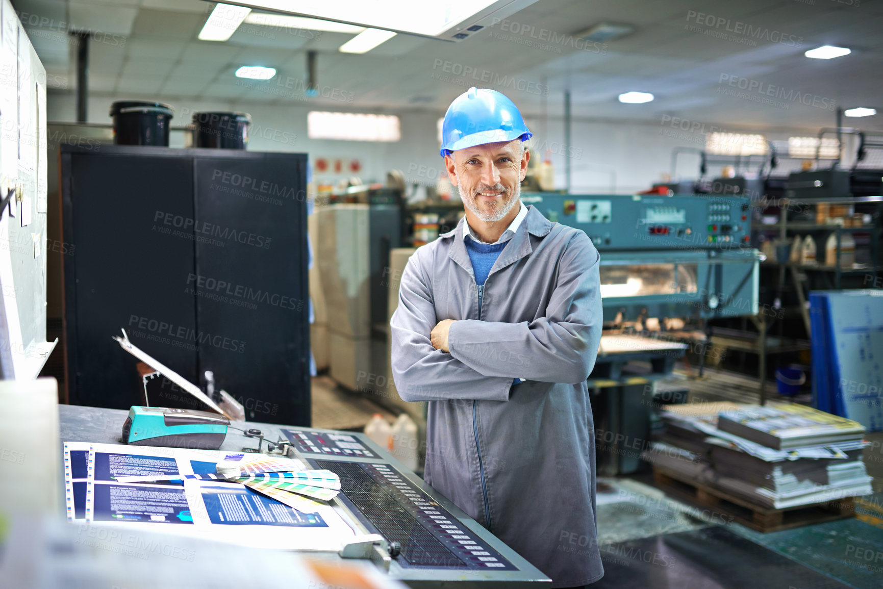 Buy stock photo Portrait, confident and manager in warehouse with machine for printing, equipment maintenance and production supervisor. Male person and industrial factory for manufacturing or distribution of paper.