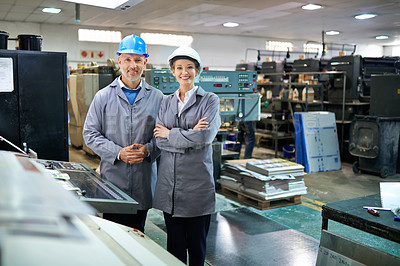 Buy stock photo Business, partners and printing machine with smile or confident in factory for supply and distribution. Portrait, people and arms crossed in happiness at warehouse with packaging technology. 