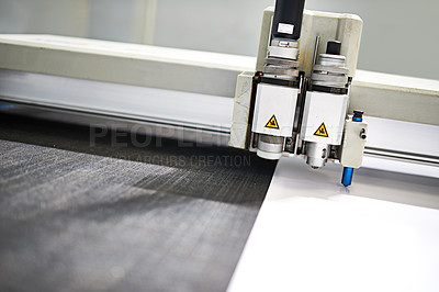 Buy stock photo Closeup, machinery or technology in printing, factory or paper in printer, workshop or manufacturing. CNC, metal or automation in engineering, design or industry as speed, tools or production
