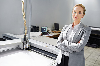 Buy stock photo Woman, portrait and printing paper at factory or wholesale manufacturing for laser ink jet, production or warehouse. Female person, face and industrial machine for publishing, newspaper or facility