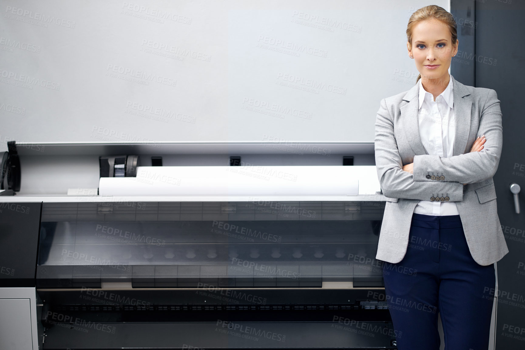 Buy stock photo Printer machine, woman and portrait with paper in printing factory, warehouse and manufacturing materials with tech. Creative sector, equipment and publisher with pride for packaging or distribution