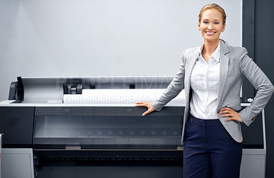 Buy stock photo Business woman, printing machine and portrait with paper in  factory, warehouse and manufacturing materials with tech. Publisher, equipment and company in creative industry for entrepreneur services