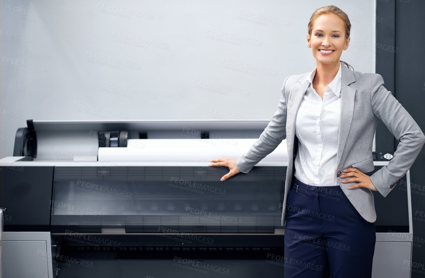 Buy stock photo Business woman, printing machine and portrait with paper in  factory, warehouse and manufacturing materials with tech. Publisher, equipment and company in creative industry for entrepreneur services