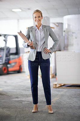 Buy stock photo Woman, manufacturer and confident with clipboard at warehouse for paperwork and administration. Portrait, female person and happy with stock or information capture in logistics company and business