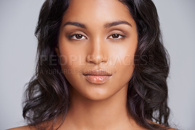Buy stock photo Portrait, face and Mexican woman with closeup for beauty, cosmetics and makeup serious isolated on studio background. Female person, gen z girl and lady with skin for care, dermatology and treatment