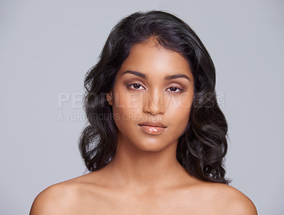 Buy stock photo Portrait, skin care and woman for beauty, cosmetics and makeup serious isolated on gray background. Female person, gen z girl and lady with face for cosmetology, dermatology and treatment in studio