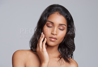 Buy stock photo Woman, hair and skin for beauty with cosmetic care, salon treatment for texture and growth on grey background. Face, haircare and skincare for shine, cosmetology and change with eyes closed in studio