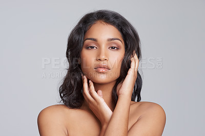 Buy stock photo Cosmetic, health and portrait of woman in studio with skincare, wellness and natural facial routine. Serious, beauty and face of female person with dermatology treatment isolated by gray background.