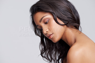 Buy stock photo Hair care, confident and woman in studio with beauty, wellness and natural facial routine. Mockup, health and face of female person with cosmetic dermatology treatment for glow by gray background.