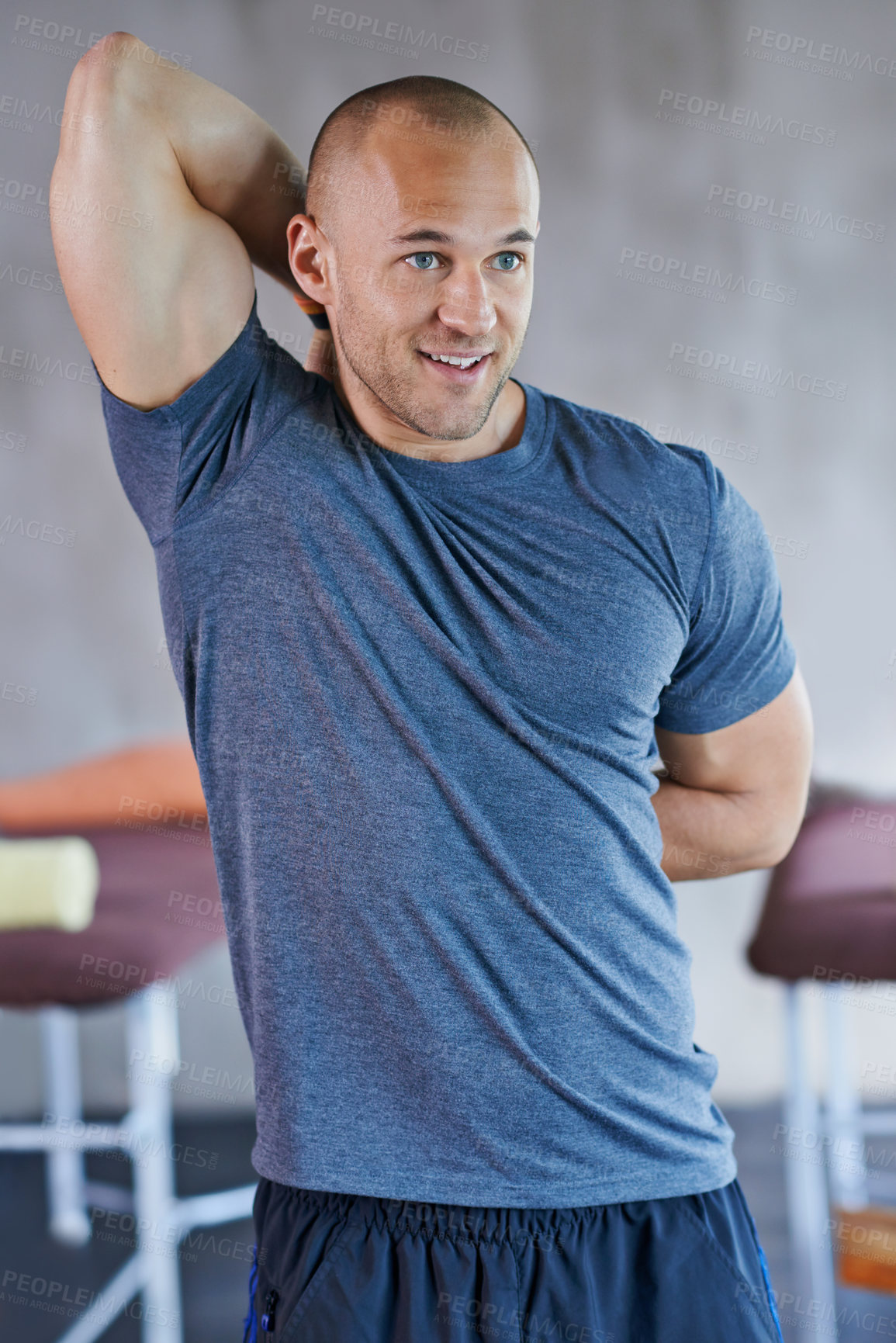 Buy stock photo Athlete, man and stretching with smile for workout, exercise and fitness with warm up for competition. Male person, healthcare and wellness with sport as hobby, routine and cardio with happiness