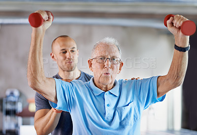 Buy stock photo Physiotherapist, senior man exercise and weight training for health and wellness therapy in retirement. Healthcare, physio and workout for recovery with dumbbell for medical excuse and elderly person