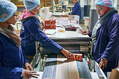 Buy stock photo People, printer and warehouse production in factory for wholesale distribution, publishing or manufacturing. Workers, teamwork and newspaper press supplier or technology process, flyer or facility