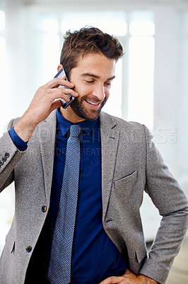 Buy stock photo Phone call, smile and businessman in office, formal and conversation for business owner. Smartphone, technology and talking in suit for professional male person, startup entrepreneur for finance