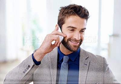 Buy stock photo Business man, phone call and networking for deal in office, communication and app for talking. Male person, smile and planning for project or idea, information and discussion on career opportunity