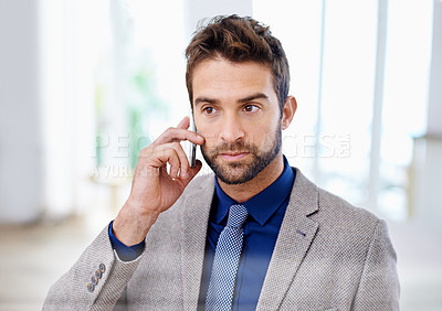 Buy stock photo Business man, phone call and negotiation for agenda, communication and app for speaking. Male person, listening and planning for project or idea, information and discussion on career opportunity