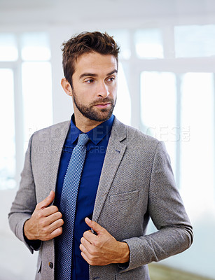 Buy stock photo Business man, serious and thinking in office, confident professional and planning for project. Male person, startup and contemplating a career opportunity in workplace, entrepreneur and attitude