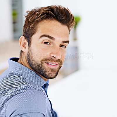 Buy stock photo Portrait, smile and happy businessman in house, living room or lounge for relax. Face, confidence and work from home in formal shirt for business owner, professional and startup entrepreneur on break